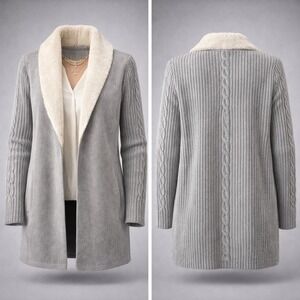 🔥🔥🔥Alfred Dunner Gray Faux Suede Knit Sleeve Faux Fur Collar Cardigan Jacket